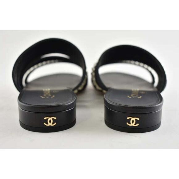 Chanel 20P Black White Pearl Strap CC Logo Slide Slip On Sandal Mule Flat 36 - Picture 8 of 9